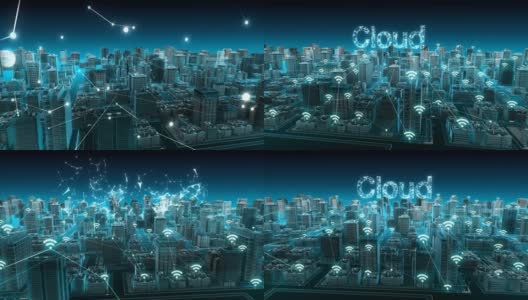 智能城市的无线智能传感器图标，连接“云”计算技术。蓝色x射线鸟瞰图。4 k动画。高清在线视频素材下载