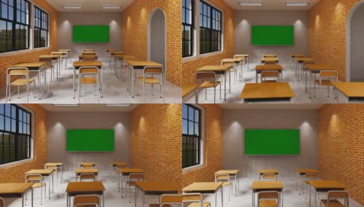 新常态教室和桌椅间距，防止新冠病毒(COVID-19)的传播。空教室是为了教和学。3 d渲染室内。高清在线视频素材下载