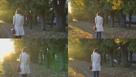 年轻美丽的女人在秋天公园散步。秋天，女孩在森林里散步，生活理念高清在线视频素材下载