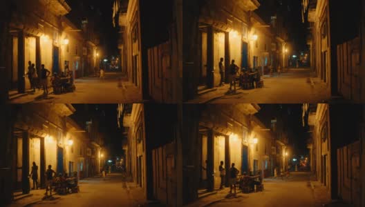 当地居民晚上在哈瓦那老城的街道上放松和社交高清在线视频素材下载