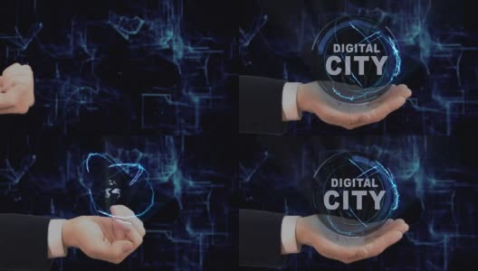 Painted hand shows concept hologram Digital city on his hand高清在线视频素材下载