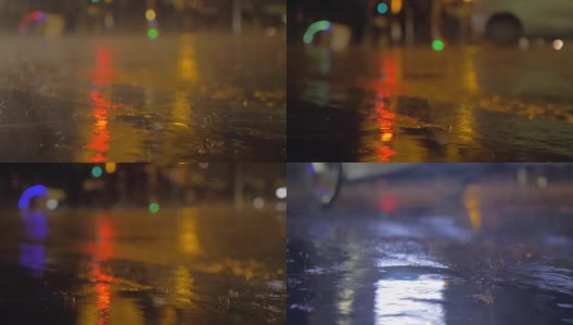 沥青路上的细雨和水坑反射着灯光高清在线视频素材下载