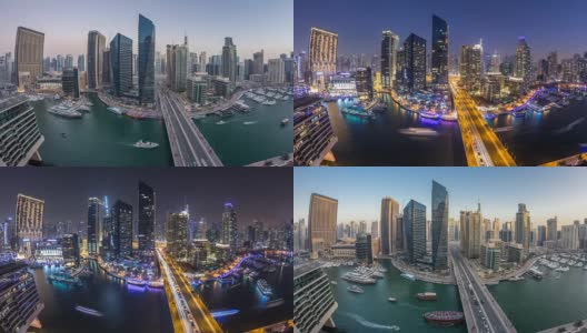 美丽的空中俯瞰白天到夜晚过渡时间的迪拜码头运河高清在线视频素材下载