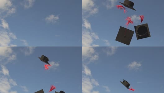 学士帽在蓝天飞翔，大学传统是把学位帽抛起来高清在线视频素材下载