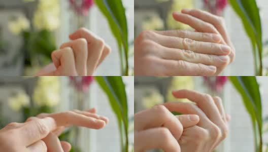 特写的男子少年的手指应用润肤露搔痒刺激皮肤高清在线视频素材下载