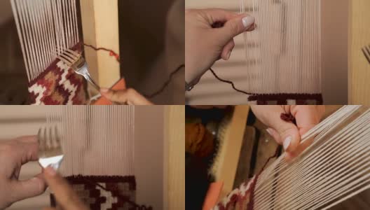 手工艺妇女用手编织丝线，制造手工制作的地毯近距离高清在线视频素材下载