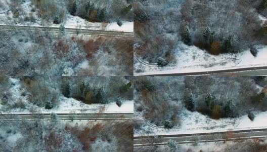 多雪的冬天道路和树林的天线高清在线视频素材下载