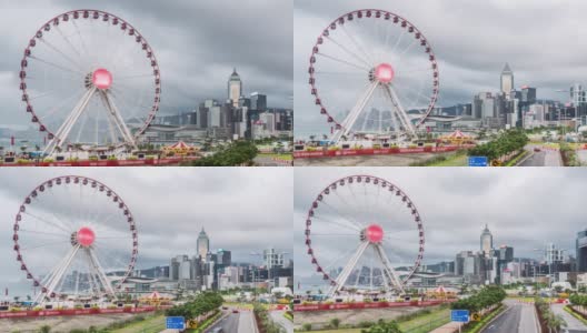 4K时间推移的摩天轮，以香港中区城市景观为背景高清在线视频素材下载