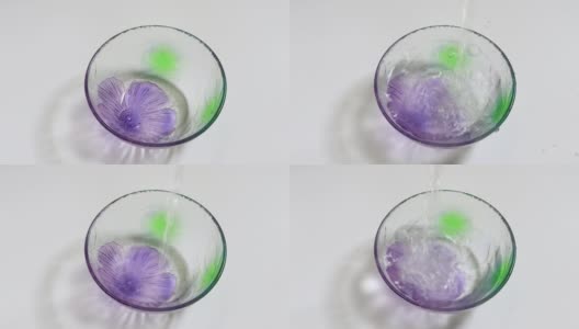 水倒进一个开着紫色花朵的玻璃碗里。高清在线视频素材下载