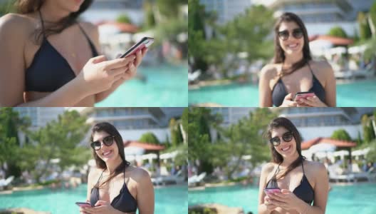 一名女子在游泳池前用智能手机拍照高清在线视频素材下载