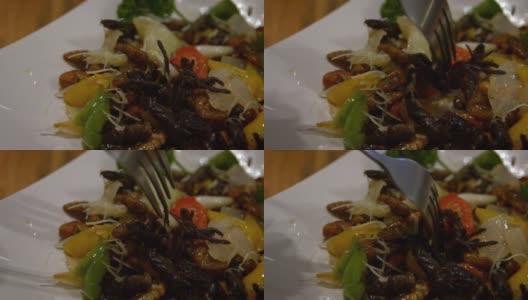 Slow motion people eating a dish of bugs for dinner in an asian restaurant高清在线视频素材下载