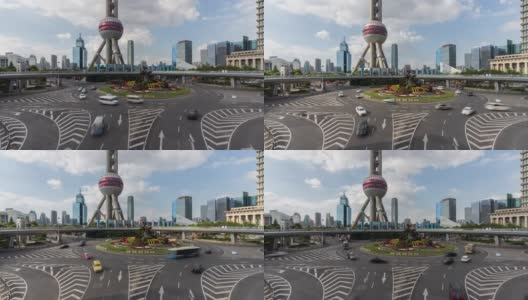 4K时间流逝:中国上海陆家嘴明珠环岛人行天桥上的交通车辆。高清在线视频素材下载