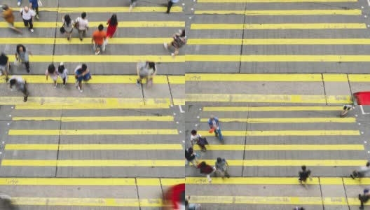 在香港孟角区，一群无法辨认的行人和汽车在黄色斑马线上行走高清在线视频素材下载