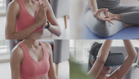 十几岁的亚洲女孩穿着运动服戴着虚拟现实耳机做冥想瑜伽锻炼锻炼在家里的客厅。高清在线视频素材下载