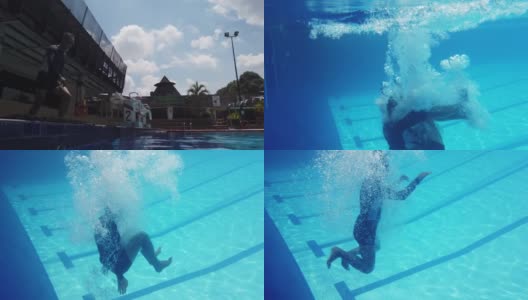 亚洲华人活跃的高级男子跳跳水游泳池高清在线视频素材下载