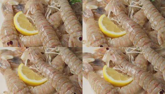 生海鲜皮虾配柠檬高清在线视频素材下载