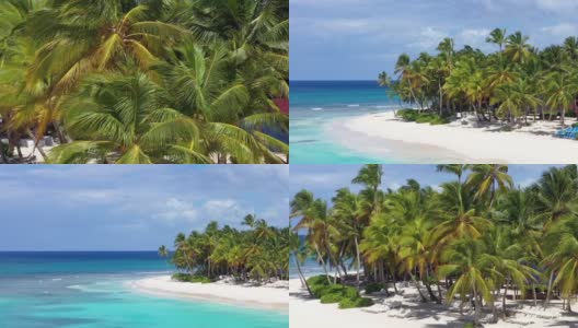 拥有椰子树、日光浴床和绿松石色加勒比海的热带岛屿。旅游目的地。暑假高清在线视频素材下载