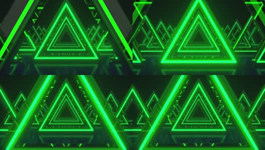 抽象背景，绿色霓虹三角形。三角未来太空隧道。激光表演，虚拟现实，发光线，隧道，走廊，霓虹灯三角门户。前进。3d动画循环4K高清在线视频素材下载