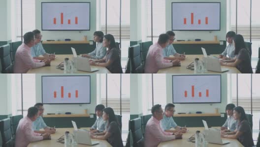 亚洲同事在会议室开会，用电视屏幕演示和图表预测高清在线视频素材下载