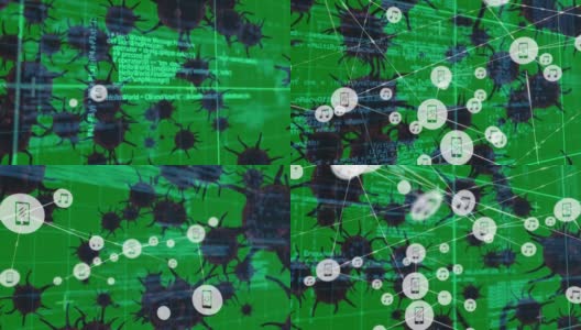 绿色背景上的多个covid-19细胞的数字图标和数据处理网络高清在线视频素材下载
