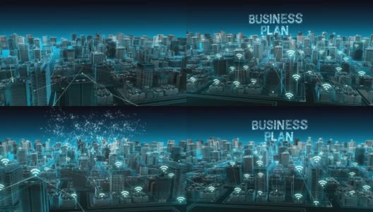 智能城市上的无线智能传感器图标，连接“商业计划”技术。蓝色x射线鸟瞰图。4 k动画。高清在线视频素材下载