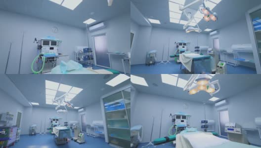 空荡荡的手术室里有现代化的医疗设备。无菌手术室可在医院进行手术。手术台上方有一盏明亮的灯。高清在线视频素材下载