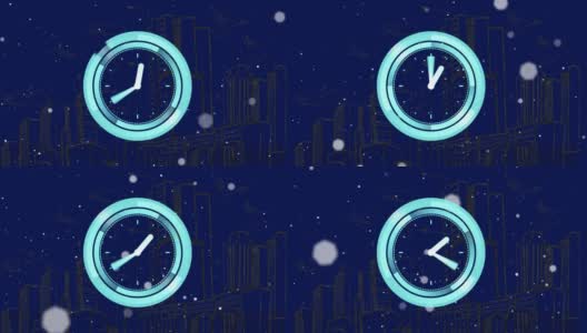 动画移动的时钟在下雪和城市景观在蓝色的背景高清在线视频素材下载