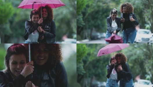 雨中撑开伞的人。下雨天为朋友遮雨的女人高清在线视频素材下载