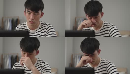 最近，因过度劳累而突然出现视力模糊的韩国青年正在用电脑擦眼睛。高清在线视频素材下载