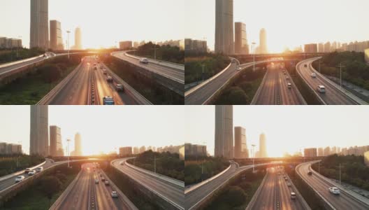 日落时分杭州高架公路鸟瞰图高清在线视频素材下载