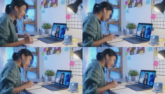 亚洲女商人在起居室用笔记本电脑和同事讨论视频会议的计划。高清在线视频素材下载