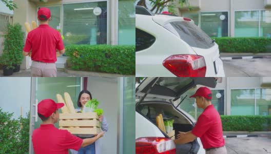 由男性信使递送食物。一个穿着红色工作服的人给顾客送食物。亚洲女士与微笑的脸接受杂货箱在家门口。高清在线视频素材下载