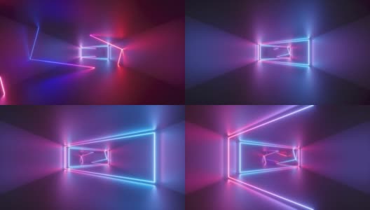 三维抽象循环动画，几何背景与霓虹灯线出现在无尽的隧道。粉蓝发光梯度高清在线视频素材下载