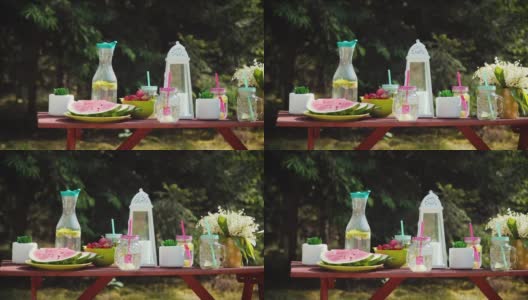野餐桌上有多汁的水果和美味的柠檬水高清在线视频素材下载
