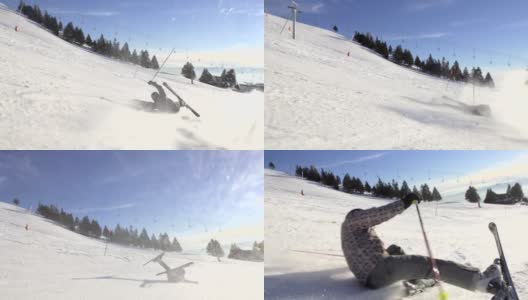 慢动作:滑雪者在滑雪道上摔倒高清在线视频素材下载