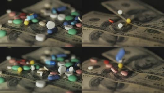 药丸落在钞票上，昂贵的药品，制药生意。药店的主题。多色药片和胶囊的钞票。慢动作高清在线视频素材下载