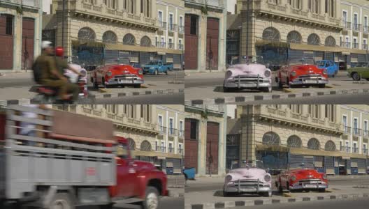 古巴哈瓦那街头的经典老爷车高清在线视频素材下载