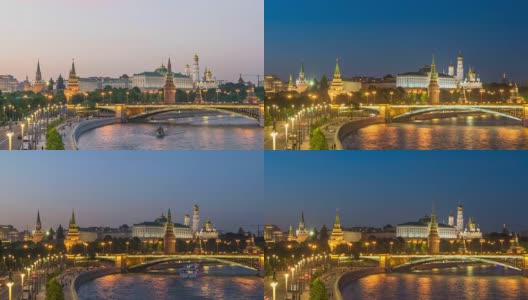 莫斯科城市天际线白天黑夜在克里姆林宫宫殿红场和莫斯科河，莫斯科俄罗斯4K时间流逝高清在线视频素材下载