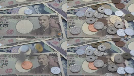近距离观察日本硬币日元的下落，纸币上有1000和10000日元的背景声高清在线视频素材下载