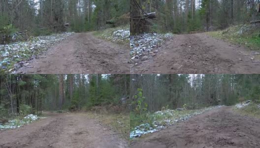 森林里结冰的肮脏道路的视频高清在线视频素材下载
