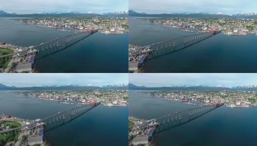 挪威特罗姆瑟市大桥航拍画面高清在线视频素材下载