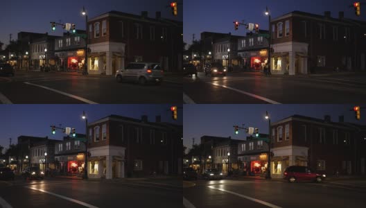 典型美国小镇主街街角的夜间拍摄高清在线视频素材下载
