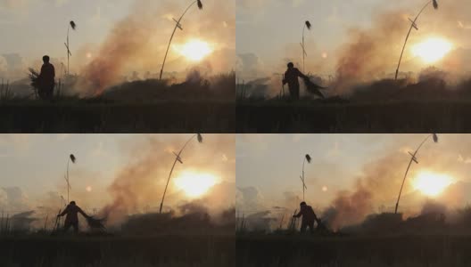 日落时分，乌布巴厘农民焚烧秸秆的剪影高清在线视频素材下载