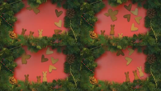 姜饼饼干在装饰云杉树枝上跳舞的背景，圣诞高清在线视频素材下载
