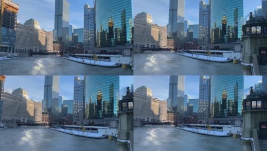 冬天的早晨，气温骤降，芝加哥河的水汽蒸发高清在线视频素材下载
