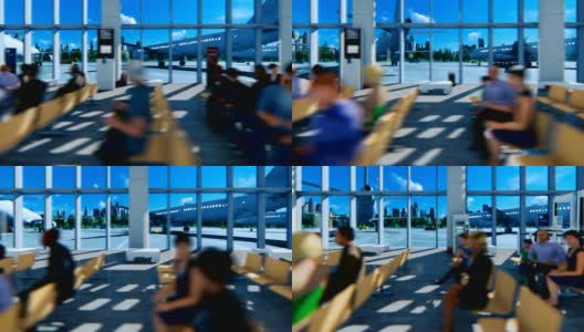 乘客在机场航站楼与飞机和城市天际线，平移摄像头高清在线视频素材下载