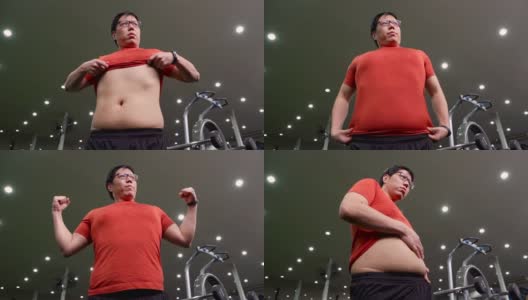 亚洲大体格男子在健身房展示他的肌肉。高清在线视频素材下载