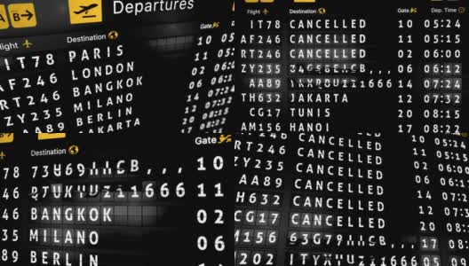 3D动画生成，模拟航班信息显示板显示所有航班取消高清在线视频素材下载
