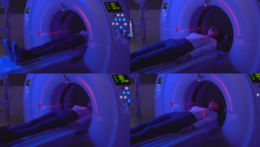 在一家诊所用蓝色和红色激光对一个女孩的骨盆进行计算机诊断。CT诊断的外科和肿瘤病理，损伤，妇科和泌尿科疾病，血管病理。高清在线视频素材下载