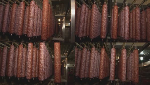 肉类行业中半熏香肠的生产。冰箱里有一排排烟熏、牛肉、猪肉香肠。高清在线视频素材下载